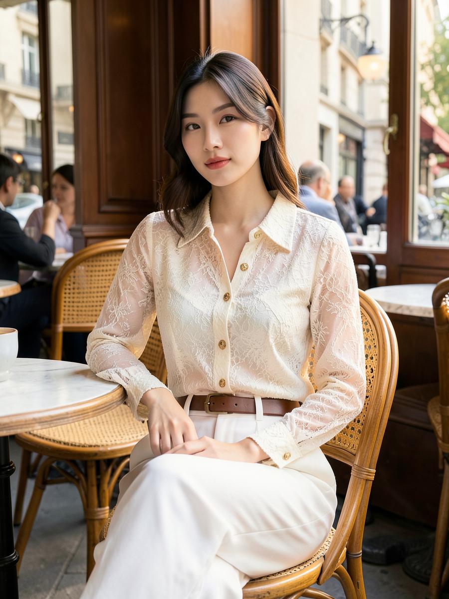 Áo ren cổ bổ trụ màu kem phối quần trắng