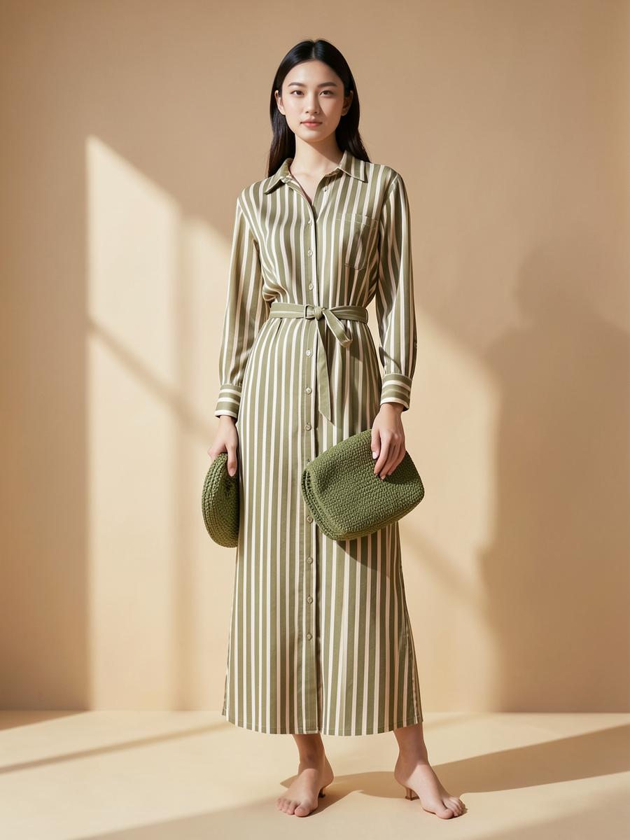 Đầm sơ mi kẻ sọc màu xanh olive thắt đai